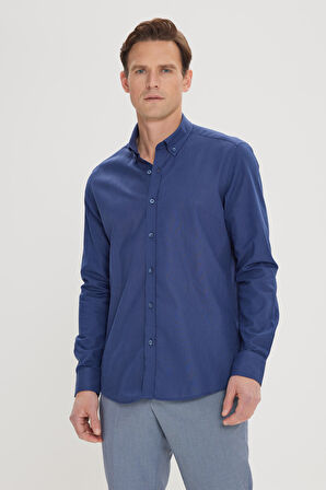 Erkek Lacivert Tailored Slim Fit Oxford Düğmeli Yaka Keten Görünümlü %100 Pamuk Flamlı Gömlek