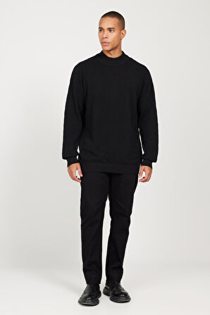 Erkek Siyah Recycle Standart Fit Normal Kesim Yarım Balıkçı Yaka Pamuklu Jakarlı Triko Kazak