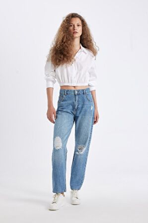 DeFacto Oversize Geniş Kalıp Basic Düz Etek Ucu Lastikli Poplin Uzun Kollu Gömlek D4006AX24AUWT34