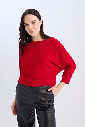 DeFacto Kırmızı Kayık Yaka Yarasa Kol Basic Düz Triko Kazak D7670AX24AURD1