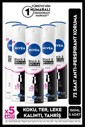 Nivea Kadın Sprey Deodorant Black&white Invisible Clear 150ml, 48 Saat Anti-perspirant Koruma, X5 Adet