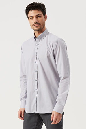 Erkek Gri Slim Fit Dar Kesim Düğmeli Yaka Desenli Gömlek