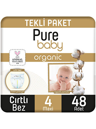 Pure Baby Organik Pamuklu Cırtlı Bez Tekli Paket 4 Numara Maxi 48 Adet