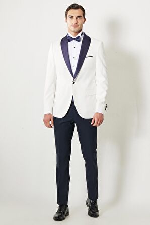 Erkek Beyaz-lacivert Slim Fit Dar Kesim Mono Yaka Desenli Klasik Smokin Takım