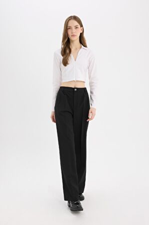 DeFacto Klasik Pantolon Wide Leg Geniş Bol Paça Fleto Cepli Yüksek Bel Standart Boy Basic Düz D8150AX24AUBK81