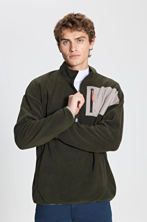 Erkek Haki Oversize Bol Kesim Bato Yaka Cep Detaylı Fermuarlı Soğuk Geçirmez Polar Sweatshirt