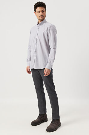 Erkek Gri Slim Fit Dar Kesim Düğmeli Yaka Desenli Gömlek