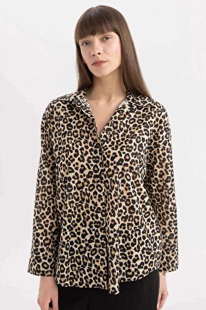 DeFacto Oversize Geniş Kalıp Uzun Kollu Leopar Desenli Vual Gömlek D2564AX24SMBG234