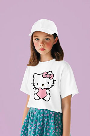 Hello Kity Pembe Kalp Baskılı Unisex Çizgi Film Çocuk Tişört (1-12 Yaş)