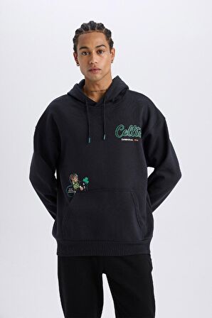 DeFactoFit NBA Boston Celtics Oversize Geniş Kalıp Kapüşonlu Sırt Baskılı Kalın Sweatshirt D6690AX25SPBK82