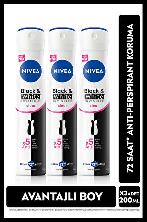 Kadın Sprey Deodorant Black&white Invisible Clear,200 Ml,72 Saat Anti-perspirant Ter Koruma, X3 Adet