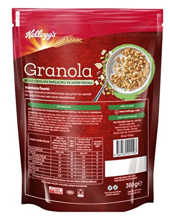 Kellogg's Beyaz Çikolata Parçacıklı&Antep Fıstıklı Granola 300Gr,%46 Yulaf içerir,Lif Kaynağı