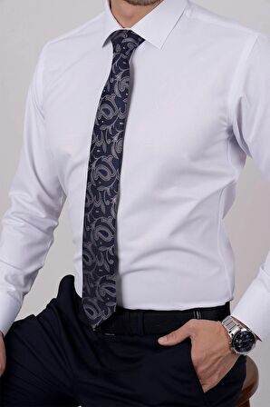 Gömlek Kravat Seti (Lacivert Şal Desenli Kravat & Beyaz Saten Slimfit Gömlek)