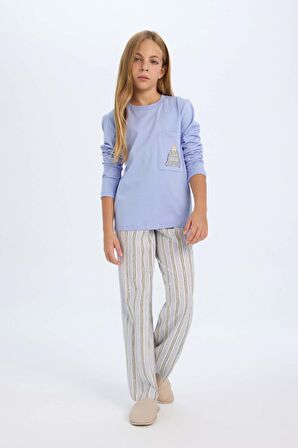 DeFacto Kız Çocuk Pijama Takım Bisiklet Yaka Uzun Kollu Üst Beli Lastikli Uzun Alt D2112A824AUPR462