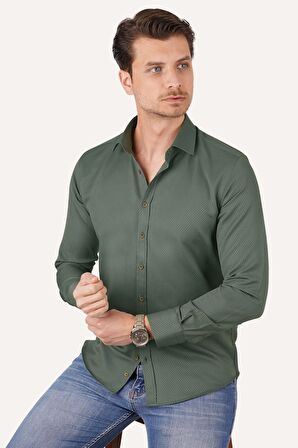 Kaktüs Yeşili Kahve Düğmeli Slimfit Gömlek