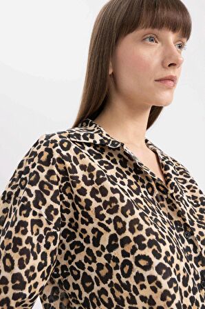 DeFacto Oversize Geniş Kalıp Uzun Kollu Leopar Desenli Vual Gömlek D2564AX24SMBG234