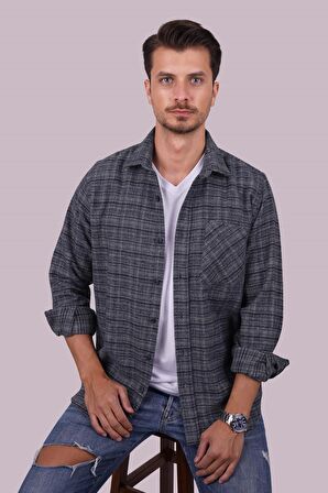 Lacivert Hasır Desenli Oduncu Oversize   Erkek Gömlek
