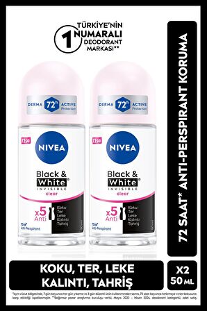 Nivea Kadın Roll-on Deodorant Black&white Invisible Clear 50ml, 72 Saat Anti-perspirant, X2 Adet