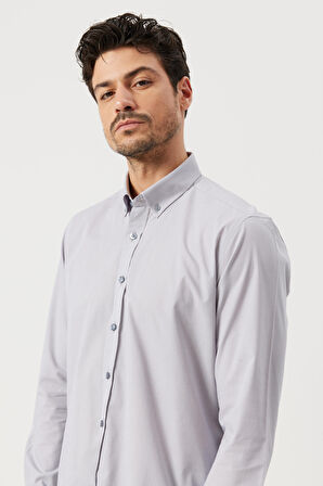 Erkek Gri Slim Fit Dar Kesim Düğmeli Yaka Desenli Gömlek