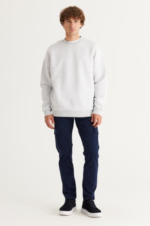 Erkek Kar Melanj Oversize Fit Bol Kesim Pamuklu Içi Polarlı 3 Iplik Bisiklet Yaka Sweatshirt