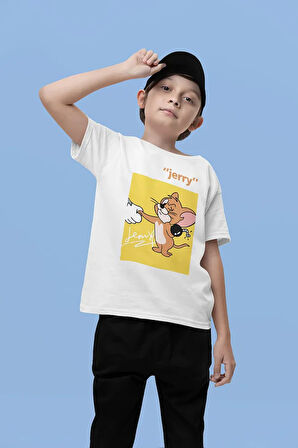 Jerry Baskılı Unisex Tom Ve Jerry Çizgi Film Çocuk Tişört (1-12 Yaş)