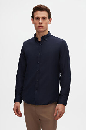 Ds Damat Slim Fit Lacivert Oxford Düğmeli Yaka Kolay Ütülenebilir Nakış Detaylı Pamuklu Gömlek 4HC02ORT03265 4HC02ORT03265