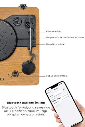 Midex Mtx-256 Nostaljik Pikap Plak Çalar (Şarjlı Bluetooth Aux Hoparlörlü 3 Devir) İğne Dahil