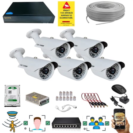 5 Kameralı Set - 5 Mp 1940P Sensör 6 Megapiksel Sony Lens Metal Kasa Ip Güvenlik Kamerası Seti