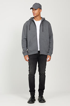 Erkek Antrasit-melanj Standart Fit Normal Kesim Kapüşonlu Fermuarlı Sweatshirt Ceket