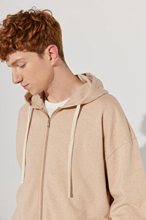 Erkek Sütlü Kahve Oversize Fit Geniş Kesim Dik Yaka %100 Pamuk Fermuarlı Sweatshirt