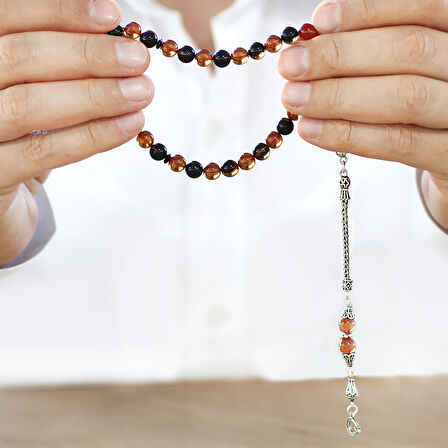 925 Ayar Gümüş Ay Yıldız Püsküllü Küre Kesim Sarı-Siyah Ateş Kehribar Tesbih