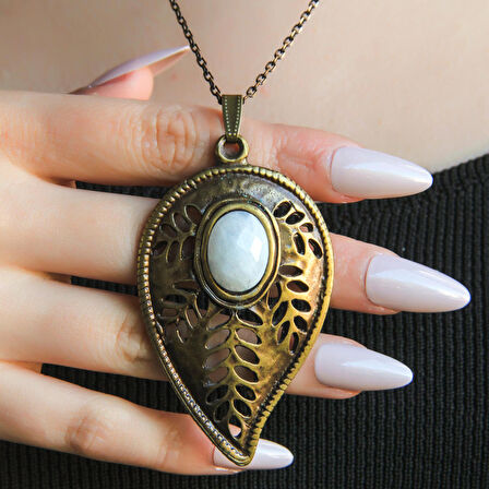 Doğal Taş Aytaşı Doğal Taşlı Yaprak Desen Kadın Doğal Taş Otantik Uzun Kolye euk9ay