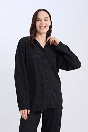 DeFacto Relax Fit Gömlek Yaka Bürümcük Uzun Kollu Siyah Gömlek D7520AX24AUBK81