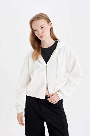 DeFacto Coool Standart Fit Kapüşonlu Basic Düz Kanguru Cepli Fermuarlı Sweatshirt Z7069AZ24WNWT32