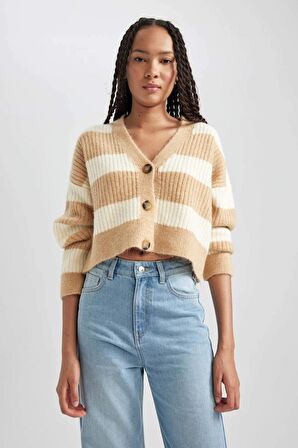 DeFacto Regular Fit Çizgili V Yaka Hırka A2416AX23WNBN268