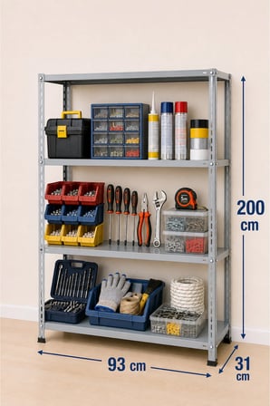 4 Katlı Çelik Raf Sistemi, Depo, Arşiv, Kiler, Dosya, Market, Çiçek, Ayakkabı Rafı – 31x93x200 cm – Kalınlığı: 0,70 mm