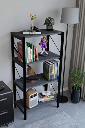 4 Katlı Metal Gövdeli Kitaplık Raf – Dayanıklı Çok Amaçlı Düzenleyici, Modern Kitaplık, Ofis ve Ev Dekor Rafı, 56x30x115 cm