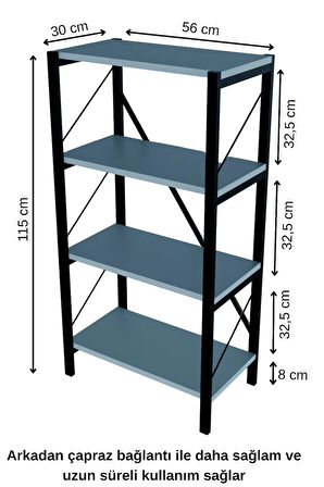 4 Katlı Metal Gövdeli Kitaplık Raf – Dayanıklı Çok Amaçlı Düzenleyici, Modern Kitaplık, Ofis ve Ev Dekor Rafı, 56x30x115 cm