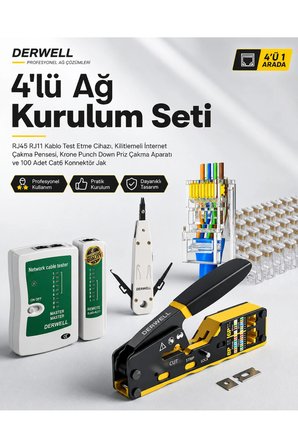 4'lü Ağ Kurulum Seti; RJ45 RJ11 Kablo Test Etme Cihazı, Kilitlemeli İnternet Çakma Pensesi, Krone Punch Down Priz Çakma Aparatı ve 100 Adet Cat6 Konnektör Jak