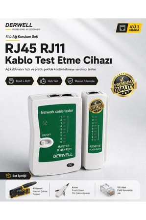 4'lü Ağ Kurulum Seti; RJ45 RJ11 Kablo Test Etme Cihazı, Kilitlemeli İnternet Çakma Pensesi, Krone Punch Down Priz Çakma Aparatı ve 100 Adet Cat6 Konnektör Jak