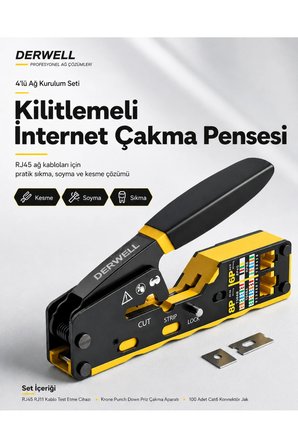4'lü Ağ Kurulum Seti; RJ45 RJ11 Kablo Test Etme Cihazı, Kilitlemeli İnternet Çakma Pensesi, Krone Punch Down Priz Çakma Aparatı ve 100 Adet Cat6 Konnektör Jak