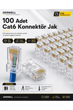 4'lü Ağ Kurulum Seti; RJ45 RJ11 Kablo Test Etme Cihazı, Kilitlemeli İnternet Çakma Pensesi, Krone Punch Down Priz Çakma Aparatı ve 100 Adet Cat6 Konnektör Jak