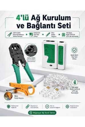 4lü Ağ Kurulum ve Bağlantı Seti - CAT5 CAT6 İnternet Kablosu Sıkma Pensesi, RJ45 RJ11 Hat Test Cihazı, Mini Kablo Soyucu ve 100 Adet RJ45 CAT5/6 UTP Jak Konnektör - Bilgisayar Ağ Tamir Takımı