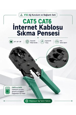4lü Ağ Kurulum ve Bağlantı Seti - CAT5 CAT6 İnternet Kablosu Sıkma Pensesi, RJ45 RJ11 Hat Test Cihazı, Mini Kablo Soyucu ve 100 Adet RJ45 CAT5/6 UTP Jak Konnektör - Bilgisayar Ağ Tamir Takımı