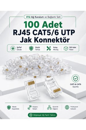 4lü Ağ Kurulum ve Bağlantı Seti - CAT5 CAT6 İnternet Kablosu Sıkma Pensesi, RJ45 RJ11 Hat Test Cihazı, Mini Kablo Soyucu ve 100 Adet RJ45 CAT5/6 UTP Jak Konnektör - Bilgisayar Ağ Tamir Takımı