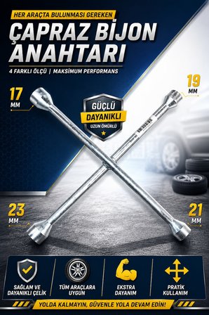 Moonshop Çapraz Bijon Anahtarı 17-19-21-23 mm – Ağır Hizmet Tipi Lastik Sökme Takma Anahtarı