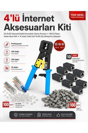 4lü İnternet Aksesuarları Kiti EZ RJ45 Geçmeli Delikli Konnektör Sıkma Pensesi 100lü Paket Kablo Boot Kılıf 10 Adet Cat6 Cat7 RJ45 Dişi Birleştirici Adaptör Profesyonel Çakma Sonlandırma Seti