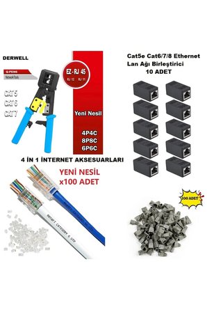 4lü İnternet Aksesuarları Kiti EZ RJ45 Geçmeli Delikli Konnektör Sıkma Pensesi 100lü Paket Kablo Boot Kılıf 10 Adet Cat6 Cat7 RJ45 Dişi Birleştirici Adaptör Profesyonel Çakma Sonlandırma Seti