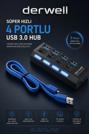 Süper Hızlı 4 Portlu USB 3.0 Hub Çoklayıcı Çoğaltıcı Adaptör Destekli PC Mac Uyumlu Işıklı On Off Bağımsız Anahtarlı Yüksek Hızlı Veri Aktarımı Sağlayan Siyah Dağıtıcı Switch Bağlantı Kablolu