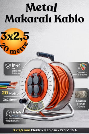 3x2.5 Mm Cca Kablo 20 Metre Makaralı Seyyar Kablo Kapaklı 4 Prizli Metal Uzatma Kablosu